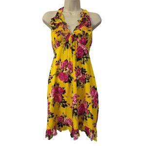 Betsey Johnson Y2K Silk Mini Dress Yellow Rose Print Halter Ruffle Coquette Sz 2